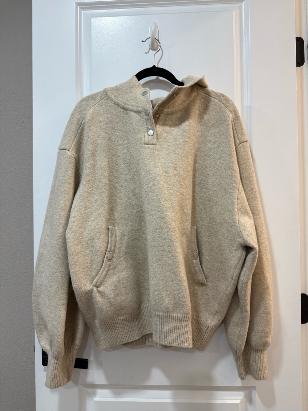 Men's Snap-Placket Zip-Up Sweater Hoodie in Cream